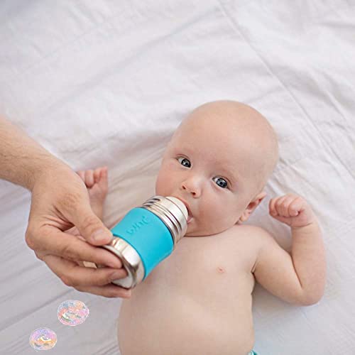 Pura Kiki 5oz/150ml Stainless Steel Anti-Colic Infant Bottle w/Silicone Natural Vent Nipple & Sleeve, Medical-Grade Silicone - Aqua