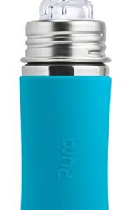 Pura Kiki 11oz/325ml Stainless Steel Straw Bottle w/Sleeve, 100% Plastic-Free, MadeSafe Certified, 100% Medical-Grade Silicone Straw for Kids, Toddlers, Preschoolers, Babies & Infant – Aqua