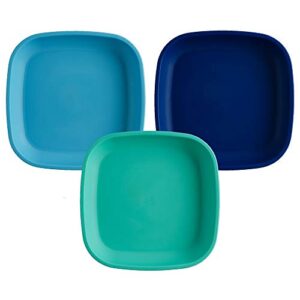 re play made in usa 3pk - 7.37" plates with deep sides for easy baby, toddler, child feeding - sky blue, aqua, navy blue (true blue collection) eco friendly heavyweight recycled polypropylene