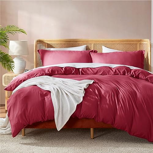 Nestl Burgundy Red Duvet Cover Queen Size - Soft Double Brushed Queen Duvet Cover Set, 3 Piece, with Button Closure, 1 Duvet Cover 90x90 inches and 2 Pillow Shams