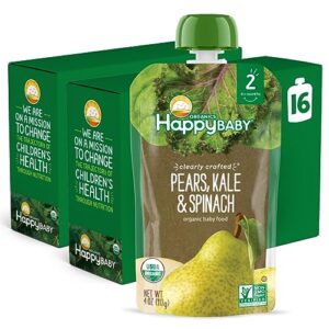 happy baby organics stage 2 baby food pouches, gluten free, vegan & healthy snack, clearly crafted fruit & veggie puree, pears, kale & spinach, 4 ounces (pack of 16)