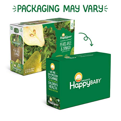 Happy Baby Organics Stage 2 Baby Food Pouches, Gluten Free, Vegan & Healthy Snack, Clearly Crafted Fruit & Veggie Puree, Pears, Kale & Spinach, 4 Ounces (Pack of 16)