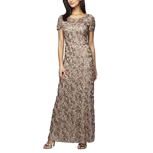 Alex Evenings Women's Long Rosette Lace Cap Sleeve Gown, Champagne, 14