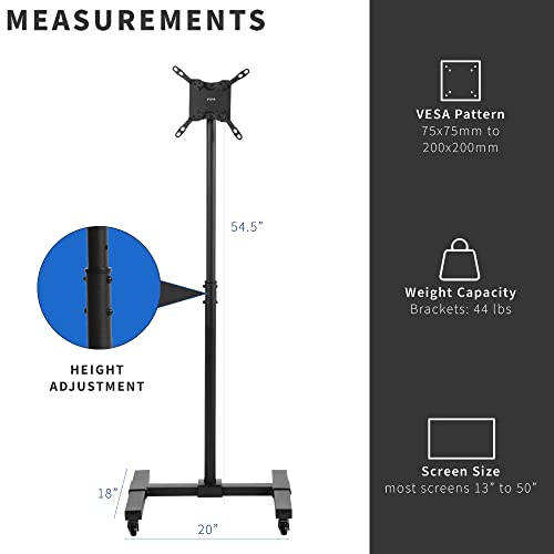 VIVO Mobile TV Cart for 13 to 50 inch Screens up to 44 lbs, LCD LED OLED 4K Smart Flat and Curved Monitor Panels, Rolling Stand, Locking Wheels, Max VESA 200x200, Black, STAND-TV07W