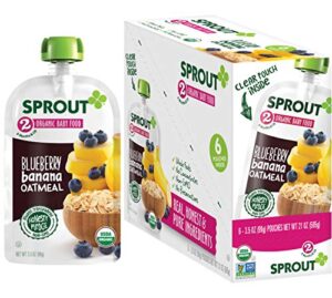 sprout organic baby food, stage 2 pouches, fruit veggie & grain blend, blueberry banana oatmeal, 3.5 oz purees (pack of 6)