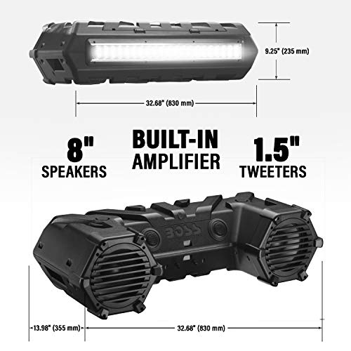 BOSS Audio Systems ATVB95LED UTV ATV Speakers - Weatherproof, ATV Soundbar, 8 Inch Speakers, 1.5 Inch Tweeters, Amplified, Wired Remote for Bluetooth Connectivity, LED Light Bar, Storage Compartment