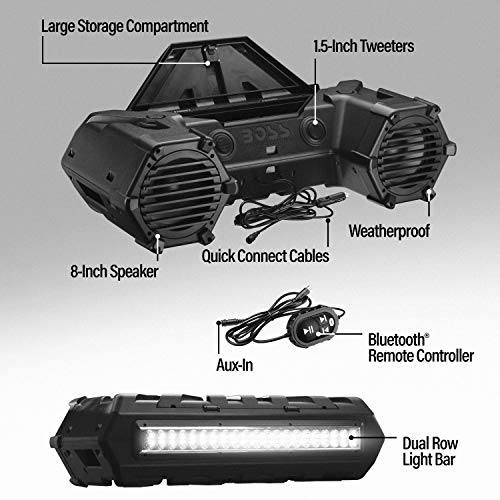 BOSS Audio Systems ATVB95LED UTV ATV Speakers - Weatherproof, ATV Soundbar, 8 Inch Speakers, 1.5 Inch Tweeters, Amplified, Wired Remote for Bluetooth Connectivity, LED Light Bar, Storage Compartment