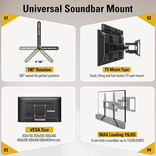 Mounting Dream Soundbar Mount Sound Bar TV Bracket for Mounting Above or Under TV Fits Most of Sound Bars Up to 15 Lbs, with Detachable Long Extension Plates MD5420