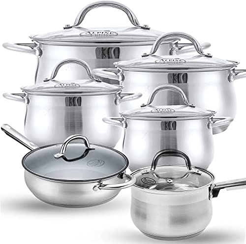 Alpine Cuisine Cookware Set 12-PC Belly Shape - Stainless Steel Cookware Sets with Lid, Stove Top Cookware Set for Healthy Cooking, Comfortable Handles, Dishwasher Safe & Easy to Clean