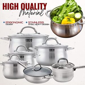 Alpine Cuisine Cookware Set 12-PC Belly Shape - Stainless Steel Cookware Sets with Lid, Stove Top Cookware Set for Healthy Cooking, Comfortable Handles, Dishwasher Safe & Easy to Clean