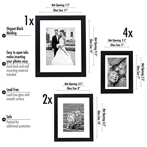 Americanflat 7 Pack Black Gallery Wall Frame Set - Includes One 11x14 Frame, Two 8x10 Frames, and Four 5x7 Frames - Picture Frames Collage Wall Decor with Shatter Resistant Glass and Hanging Hardware