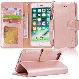 arae case for iphone 7 / iphone 8 / iphone se3 2022 / iphone se 2020, premium pu leather wallet case with kickstand and flip cover, rose gold