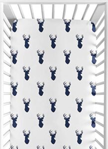 sweet jojo designs fitted crib sheet for navy and white woodland deer baby/toddler bedding set collection - deer print