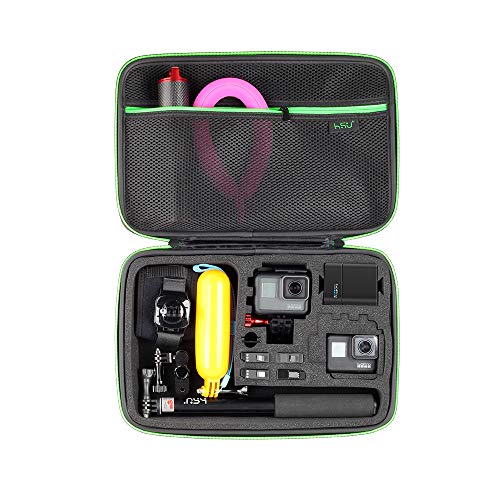 HSU Large Carrying Case for GoPro Hero(2018), Hero 11, 10, 9, 8, 7 Black,HERO6,5,4, LCD, Black, 3+, 3, 2 and Accessories with Carry Handle and Carabiner Loop - Portable and Shock(Green Logo)