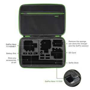 HSU Large Carrying Case for GoPro Hero(2018), Hero 11, 10, 9, 8, 7 Black,HERO6,5,4, LCD, Black, 3+, 3, 2 and Accessories with Carry Handle and Carabiner Loop - Portable and Shock(Green Logo)