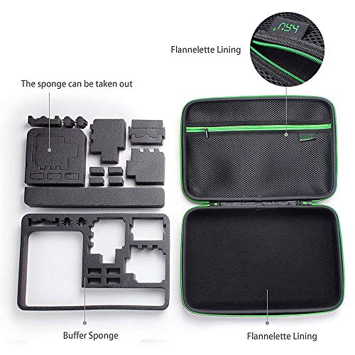 HSU Large Carrying Case for GoPro Hero(2018), Hero 11, 10, 9, 8, 7 Black,HERO6,5,4, LCD, Black, 3+, 3, 2 and Accessories with Carry Handle and Carabiner Loop - Portable and Shock(Green Logo)