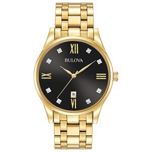 bulova men's classic gold tone stainless steel 3-hand date quartz watch with black diamond dial style: 97d108