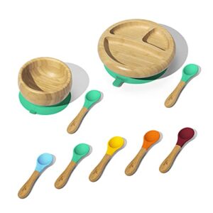 avanchy baby divided bamboo plate, bowl & spoons set - baby cutlery - bamboo kids bowl - bpa free bowl - bamboo kids utensils - baby divided plate, bowl, and spoons set, green