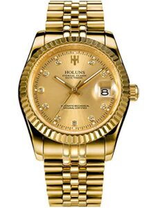 holuns mens full gold watch automatic mechanical gilded steel self-wind sapphire glass dress waterproof watch (gold)