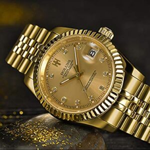 HOLUNS Mens Full Gold Watch Automatic Mechanical Gilded Steel Self-Wind Sapphire Glass Dress Waterproof Watch (Gold)