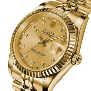 HOLUNS Mens Full Gold Watch Automatic Mechanical Gilded Steel Self-Wind Sapphire Glass Dress Waterproof Watch (Gold)