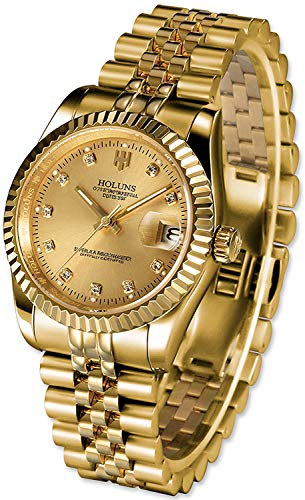 HOLUNS Mens Full Gold Watch Automatic Mechanical Gilded Steel Self-Wind Sapphire Glass Dress Waterproof Watch (Gold)