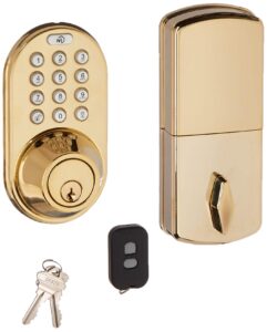 milocks xf-02p digital deadbolt door lock with keyless entry via remote control and keypad code for exterior doors, polished brass