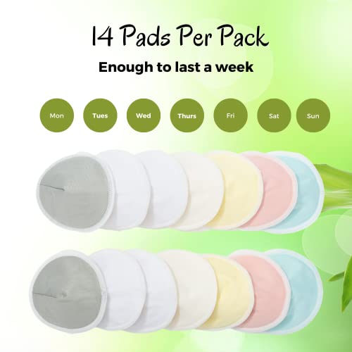 Organic Bamboo Nursing Pads - 14 Washable Pads with Wash and Storage Bags - Breastfeeding Nipple Pads for Maternity - Reusable Breast Pads for Breastfeeding (Pastel Touch, Large 4.7”)