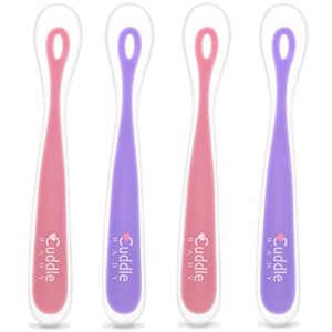 cuddle baby, gum friendly soft silicone baby spoons, 4-pack, first stage feeding spoon gift set for baby girls bpa lead phthalate and plastic free, pink/purple