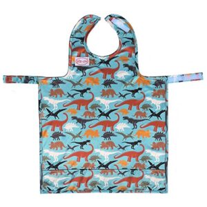 bib-on, full-coverage bib and apron combination for infant, baby, toddler ages 0-4. (dinosaurs)