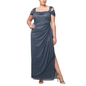 alex evenings womens plus size long cold shoulder with ruched skirt special occasion dress, smoke glitter, 16 plus