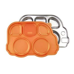 innobaby stainless bus plate with airtight sectional lid, the original, leak-resistant divided platter, mom invented fun shape plate din din smart for babies, toddlers and kids, bpa free plate, orange