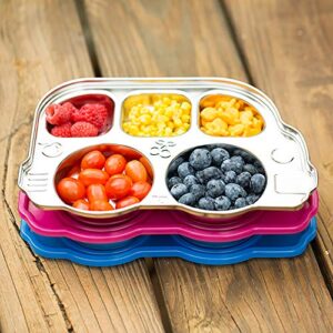 Innobaby Stainless Bus Plate with Airtight Sectional Lid, The Original, Leak-Resistant Divided Platter, Mom Invented Fun Shape Plate Din Din SMART for Babies, Toddlers and Kids, BPA Free Plate, Orange