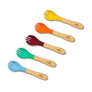 avanchy® baby fork set, bamboo and silicone spork utensils, toddler baby led weaning silverware cutlery flatware, kids first self feeding, 5 pack, with blue fork