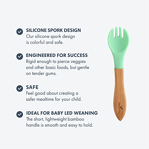 Avanchy® Baby Fork Set, Bamboo and Silicone Spork Utensils, Toddler Baby Led Weaning Silverware Cutlery Flatware, Kids First Self Feeding, 5 Pack, with Blue Fork