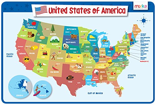 merka Kids Placemat Silicone Placemat Map Placemats for Kids Reusable US Geography Map and The Capitals of All 50 States