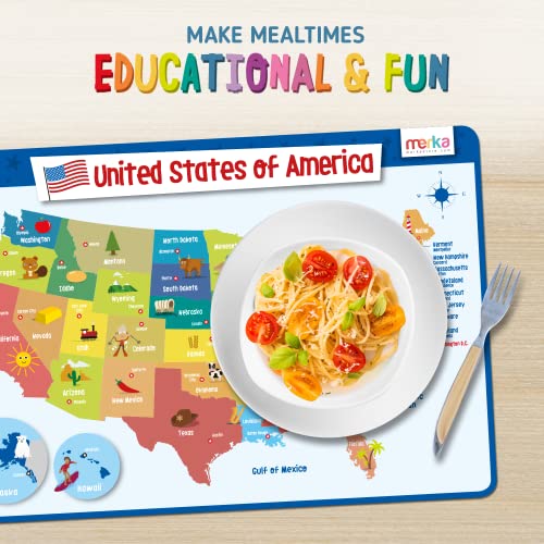 merka Kids Placemat Silicone Placemat Map Placemats for Kids Reusable US Geography Map and The Capitals of All 50 States