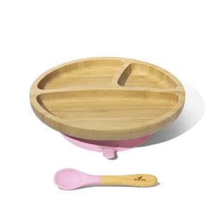avanchy® toddler baby plates divided bamboo, suction for babies kids with silicone spoon for feeding food, pink