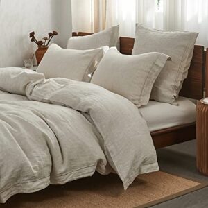 simple&opulence 100% linen duvet cover set with embroidery washed - 3 pieces (1 duvet cover with 2 pillow shams) with button closure soft breathable farmhouse - linen, king size