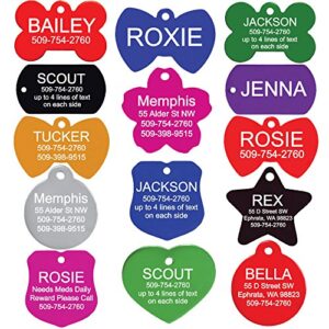 gotags custom engraved pet id tags for dogs and cats, personalized on both sides, many tag shapes including bone, heart, bow tie, star, round and badge