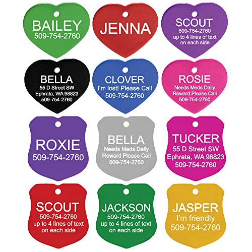 GoTags Custom Engraved Pet ID Tags for Dogs and Cats, Personalized on Both Sides, Many Tag Shapes Including Bone, Heart, Bow Tie, Star, Round and Badge