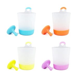 puj - phillip cups, hangable, rinse-and-play reusable plastic cups, highly functional fun cups for kids, set of 4 kids cup with 4 grippy hooks - frustration free packaging (multicolor)