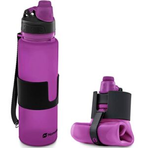 nomader bpa free collapsible sports water bottle - foldable with reusable leak proof twist cap for gym travel hiking camping and outdoors - 22 oz (purple)