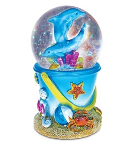 cota global dolphin sand bucket snow globe - water globe figurine with sparkling glitter, collectible novelty ornament for home decor, for birthdays, christmas, and valentine's - 65mm