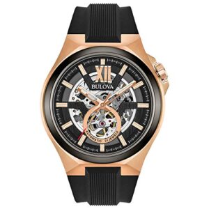 bulova men's classic maquina rose gold stainless steel 3-hand automatic watch with black silicone strap, skeleton dial style: 98a177