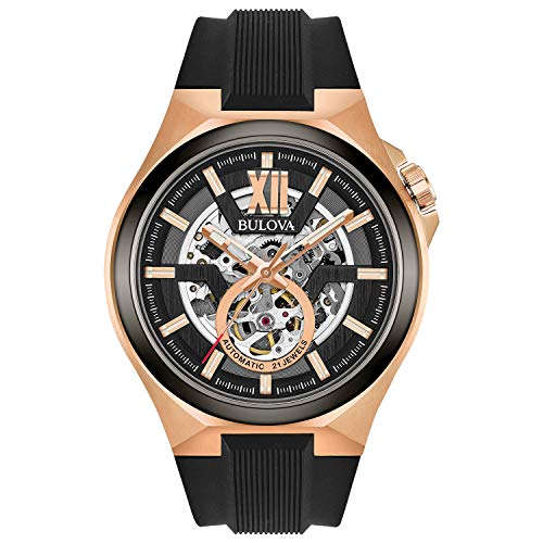 Bulova Men's Classic Maquina Rose Gold Stainless Steel 3-Hand Automatic Watch with Black Silicone Strap, Skeleton Dial Style: 98A177