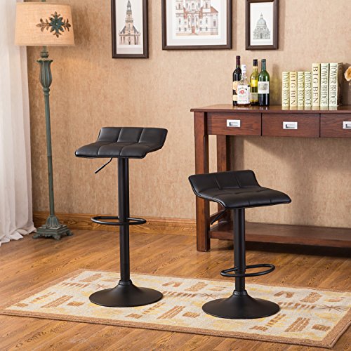 Roundhill Furniture Belham Black Square Top Adjustable Height with Black Leg and Base Metal Bar Table and 2 Swivel Black Bonded Leather Adjustable Bar Stool Bar Sets