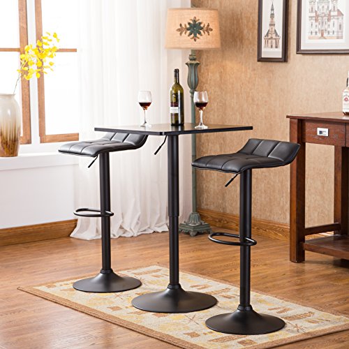 Roundhill Furniture Belham Black Square Top Adjustable Height with Black Leg and Base Metal Bar Table and 2 Swivel Black Bonded Leather Adjustable Bar Stool Bar Sets