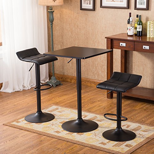 Roundhill Furniture Belham Black Square Top Adjustable Height with Black Leg and Base Metal Bar Table and 2 Swivel Black Bonded Leather Adjustable Bar Stool Bar Sets