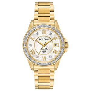 bulova ladies' marine star diamond gold tone stainless steel 3-hand quartz watch, white mother-of-pearl dial and sapphire crystal style: 98r235